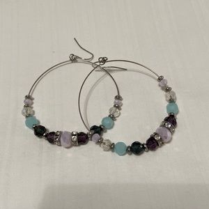 Earrings beaded teal, mint green, purple, lavender, and rhinestones